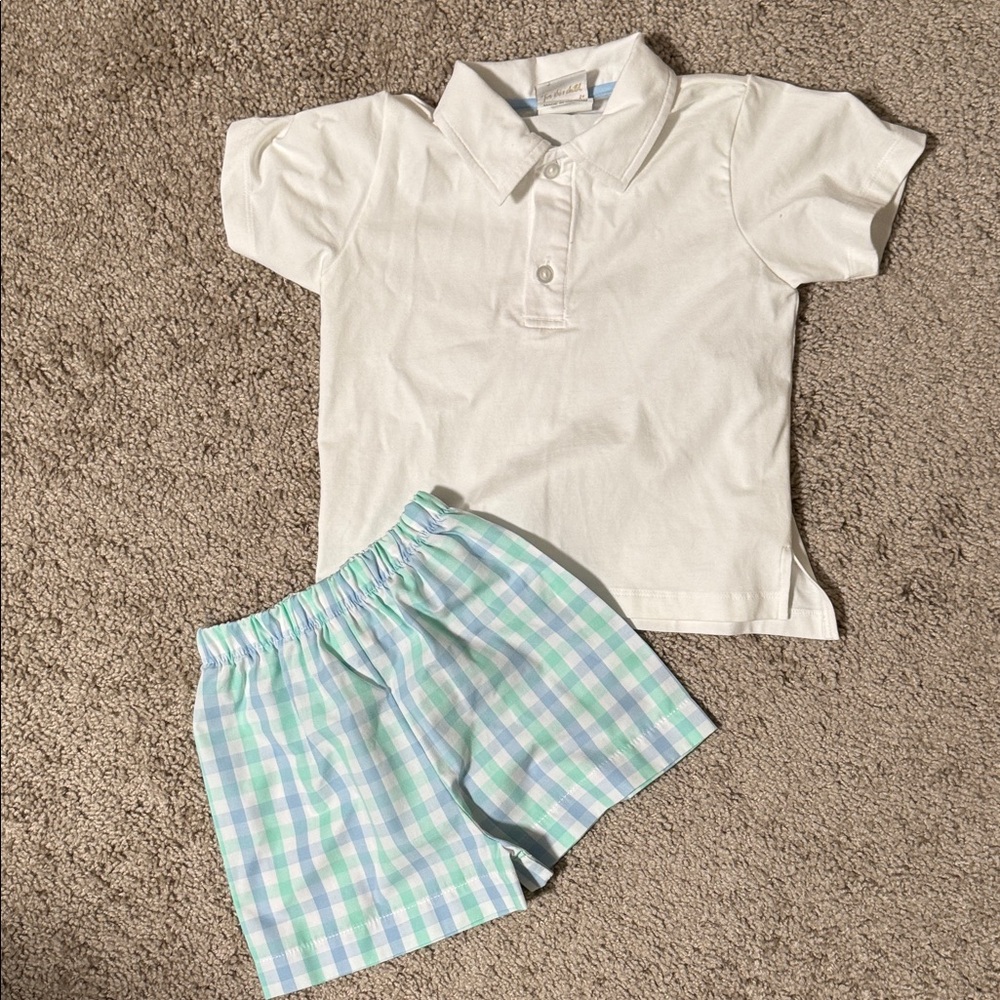 Kids Lullaby Set. White Polo Shirt with Gingham shorts.